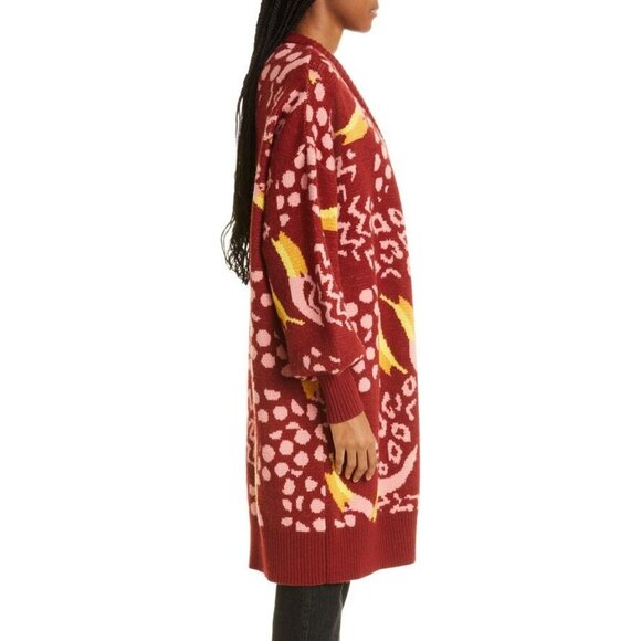 FARM Rio Cardigan L Toucanissimo Belted Longline Red Burgundy Cozy - Picture 5 of 13